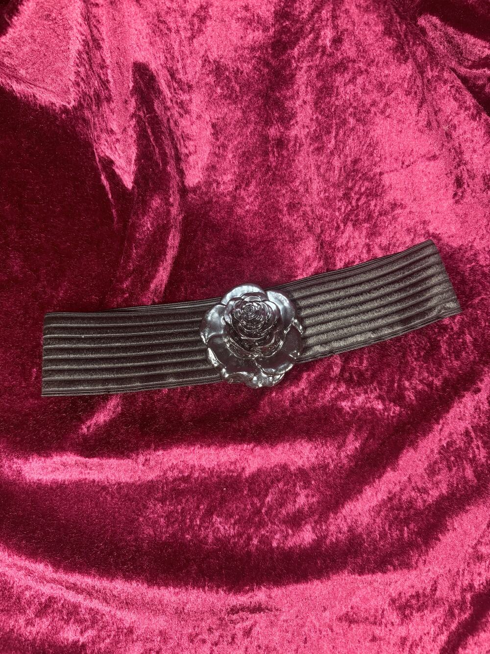 Vintage Elastic Waist Belt Black Rose Statement Buckle Charmant Belts California